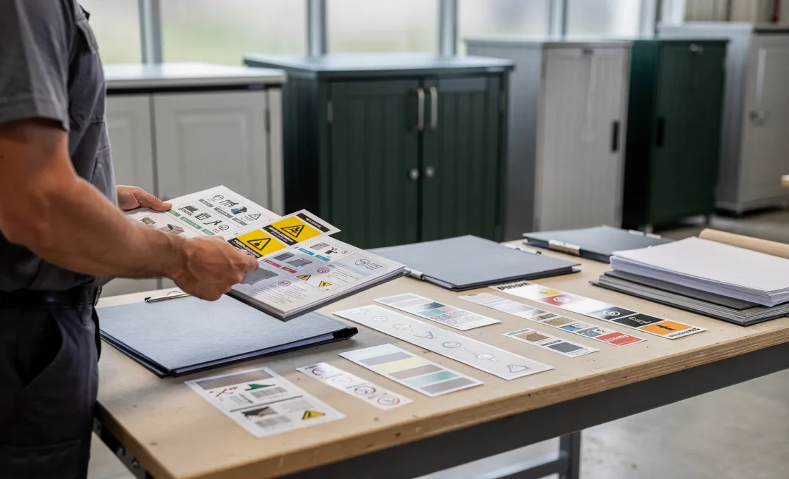 Controllo tecnico di schede e etichette di armadi da esterno con mobili da balcone e giardino sullo sfondo