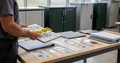 Controllo tecnico di schede e etichette di armadi da esterno con mobili da balcone e giardino sullo sfondo