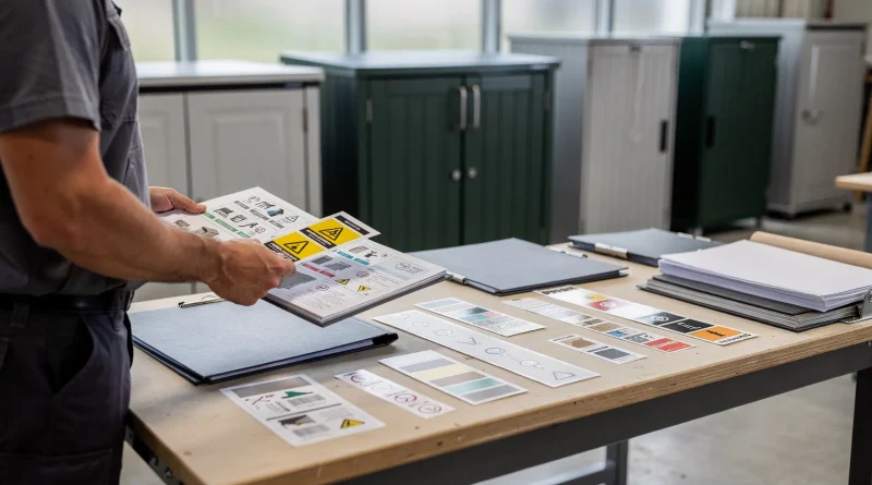 Controllo tecnico di schede e etichette di armadi da esterno con mobili da balcone e giardino sullo sfondo