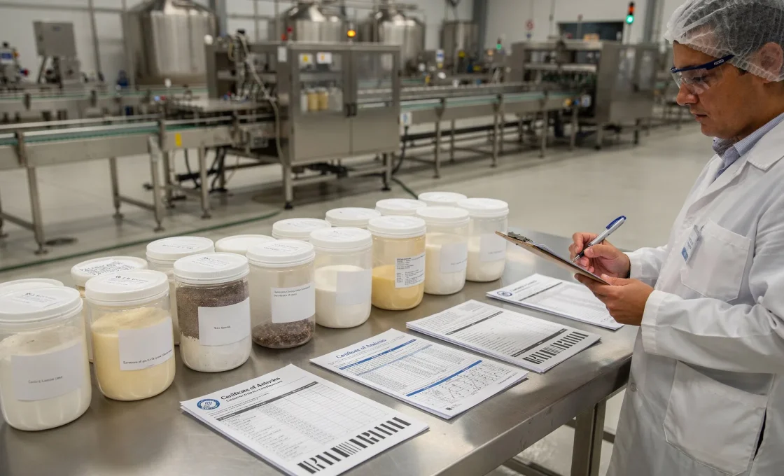 Responsabile qualità in uno stabilimento alimentare controlla documenti e contenitori di additivi in ingresso