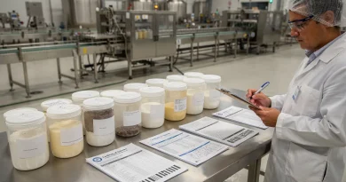 Responsabile qualità in uno stabilimento alimentare controlla documenti e contenitori di additivi in ingresso