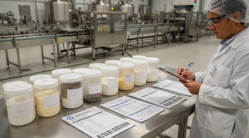 Responsabile qualità in uno stabilimento alimentare controlla documenti e contenitori di additivi in ingresso