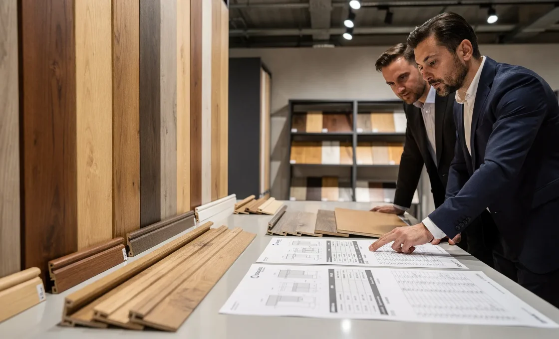 Showroom con campioni di battiscopa in legno e schede tecniche durante una discussione commerciale