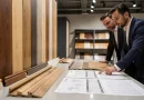Showroom con campioni di battiscopa in legno e schede tecniche durante una discussione commerciale