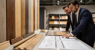 Showroom con campioni di battiscopa in legno e schede tecniche durante una discussione commerciale