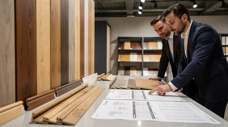 Showroom con campioni di battiscopa in legno e schede tecniche durante una discussione commerciale